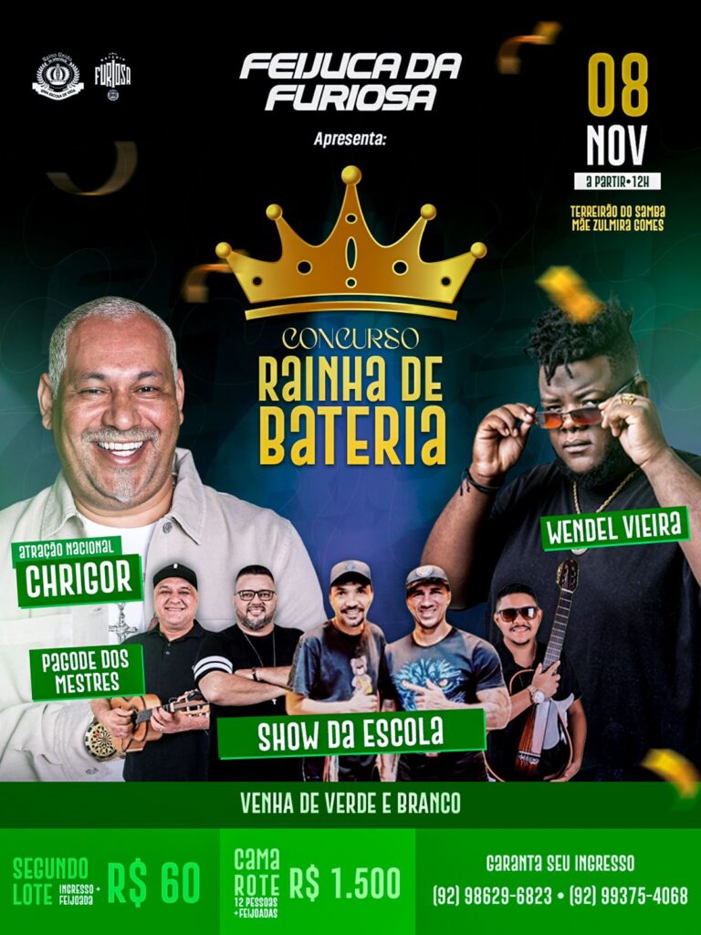 Feijuca da Bateria Furiosa terá show nacional de Chrigor e promete celebrar samba e tradição em Manaus Feijuca da Bateria Furiosa terá show nacional de Chrigor e promete celebrar samba e tradição em Manaus